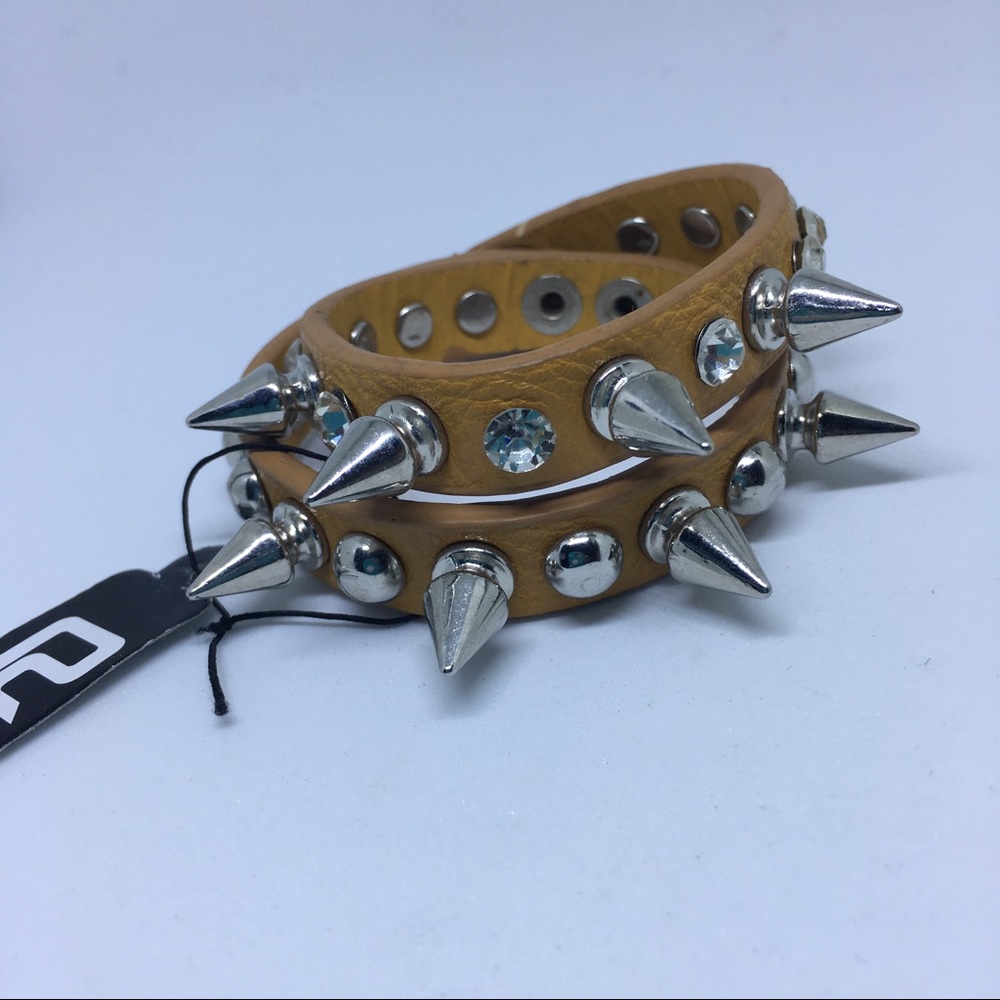 Faux leather rhinestone spike wrap bracelet choker